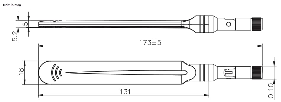 Mechanical Drawing - Abracon AEMF1005X-H LTE/5G Right-Angle Whip Antenna